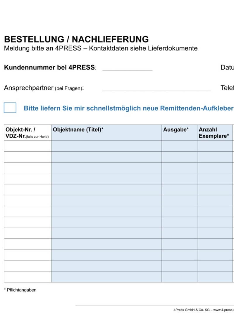 Bestellschein Nachlieferung - 4PRESS