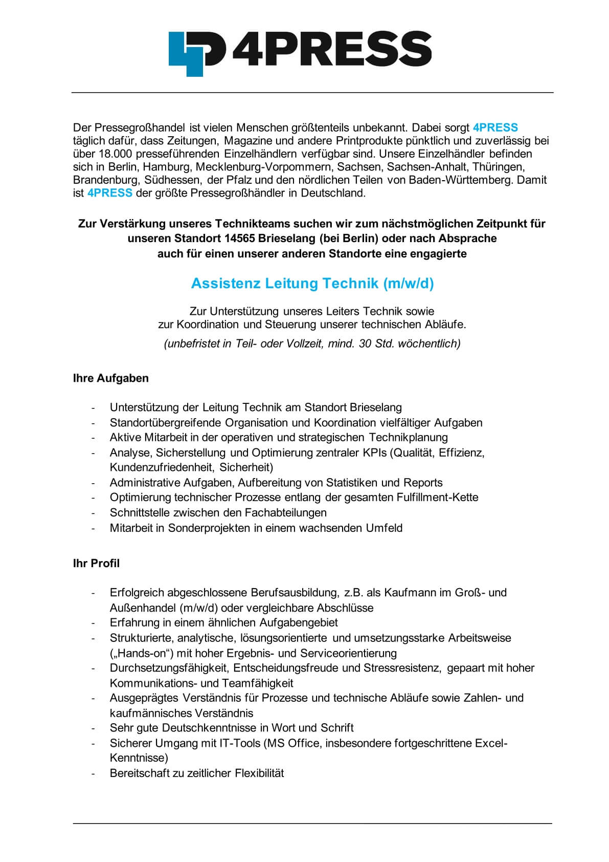 Assistenz Leitung Technik (m/w/d) - Jobs 4PRESS