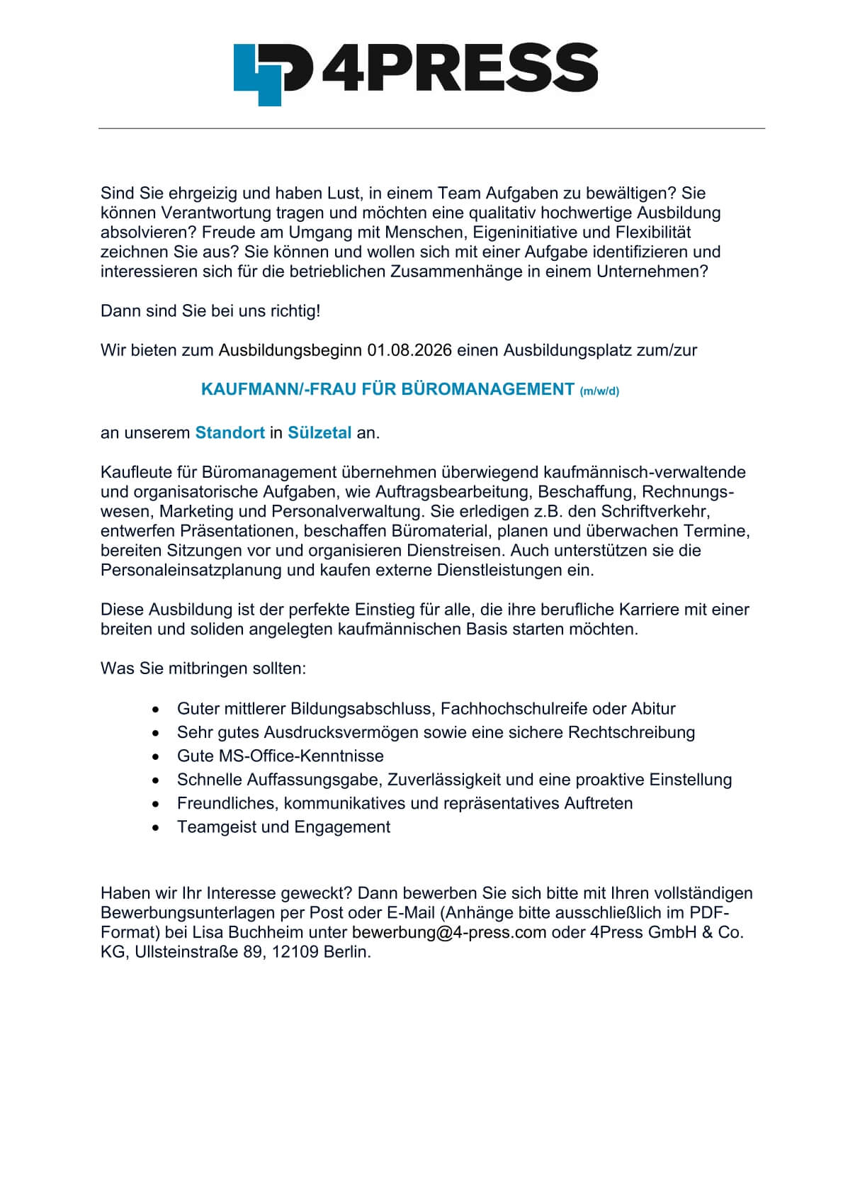 Ausbildung Büromanagement (m/w/d) - Jobs 4PRESS