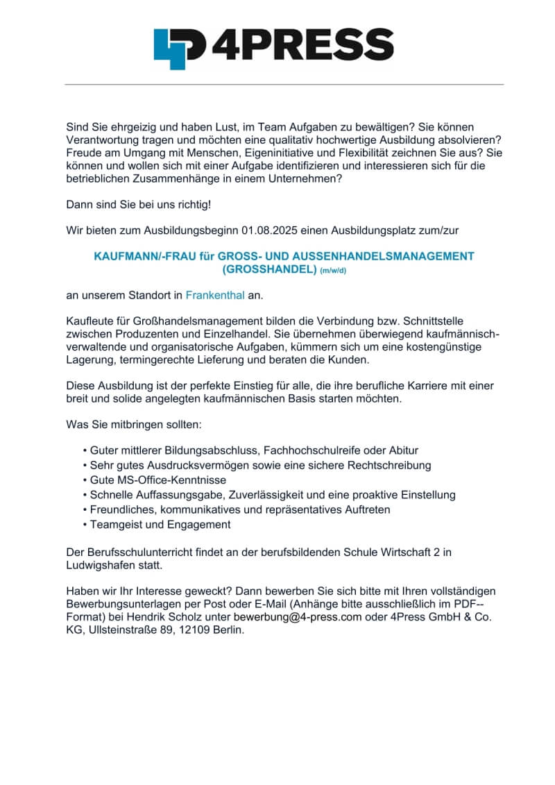 Ausbildung Groß- und Außenhandel (m/w/d) - Jobs 4PRESS