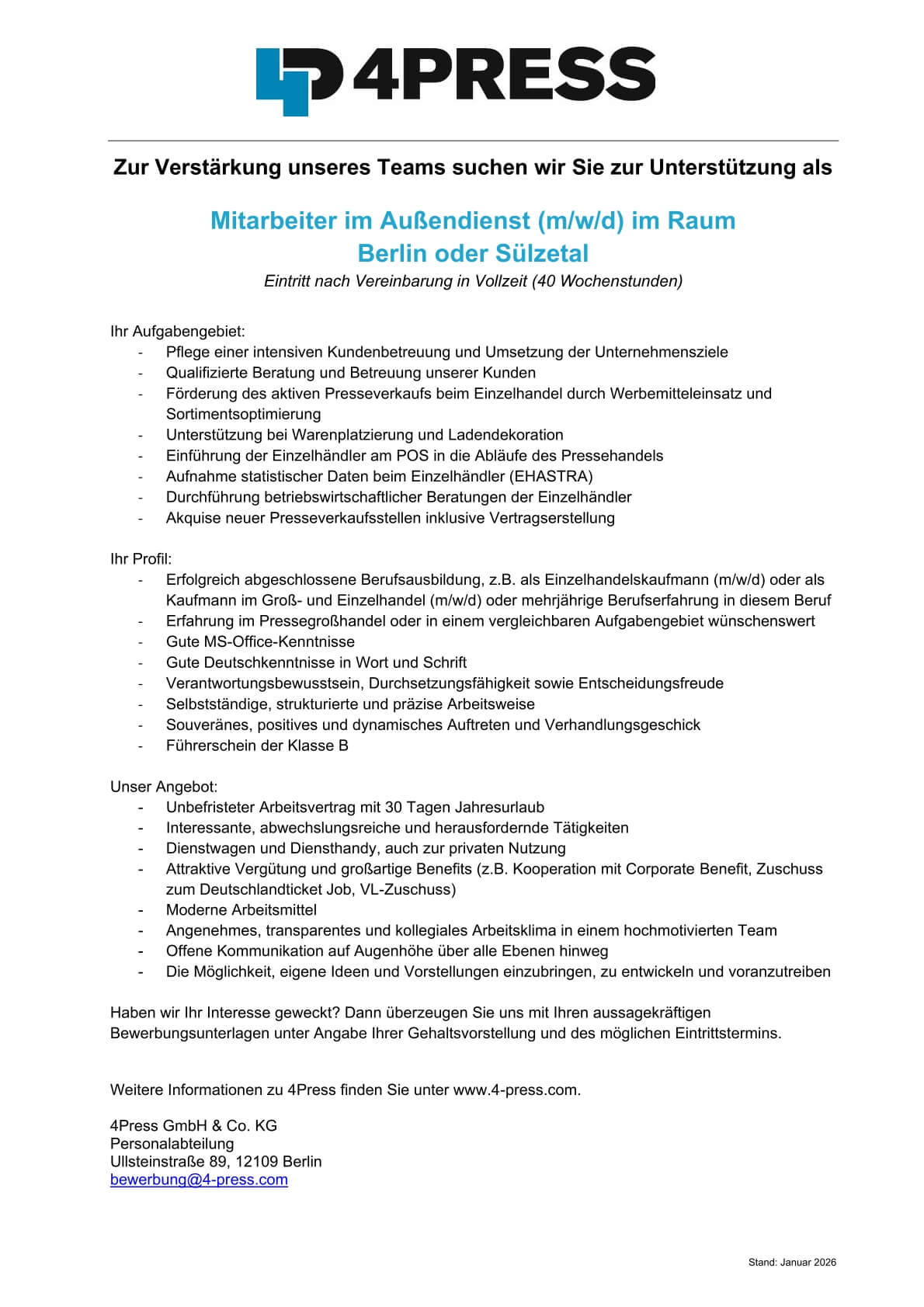 Mitarbeiter Außendienst (m/w/d) - Jobs 4PRESS