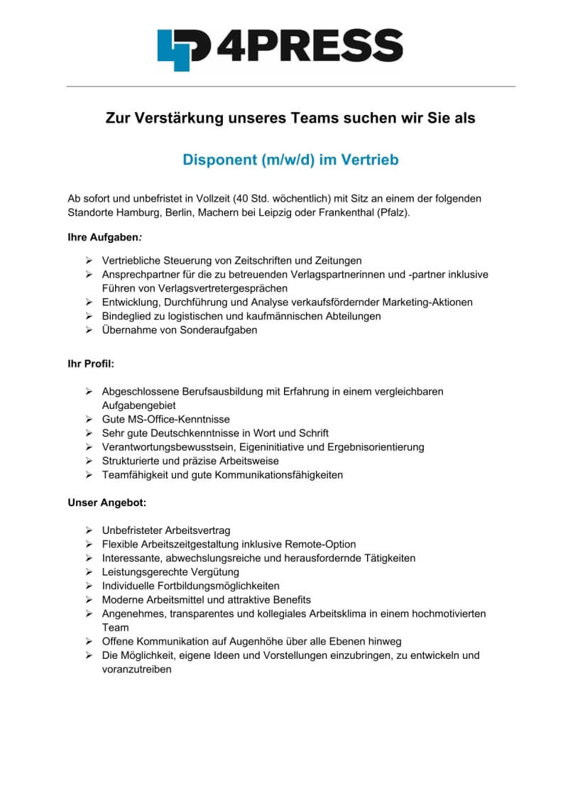 Disponent (m/w/d) – Jobs 4PRESS Disponent (m/w/d) - Jobs 4PRESS