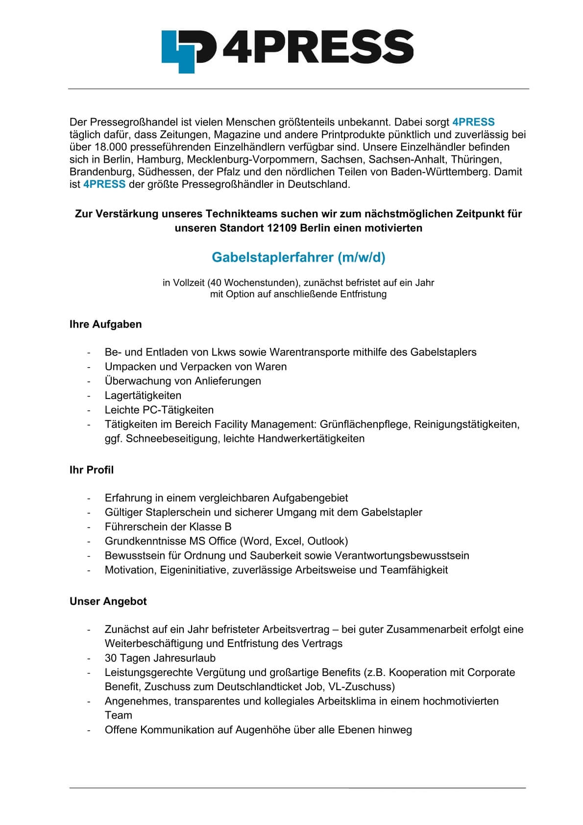 Gabelstaplerfahrer (m/w/d) - Jobs 4PRESS