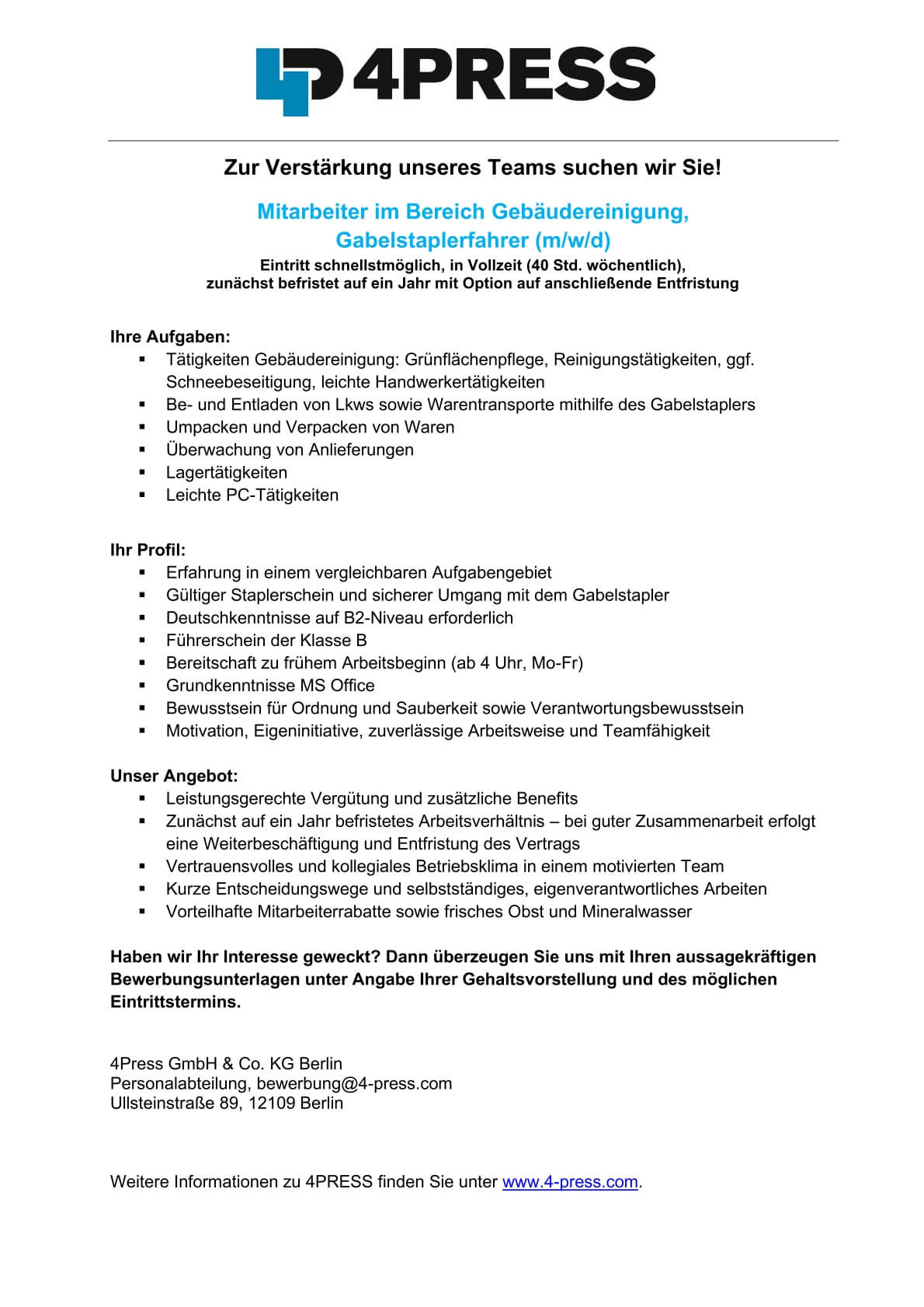 Gebäudereinigung (m/w/d) - Jobs 4PRESS