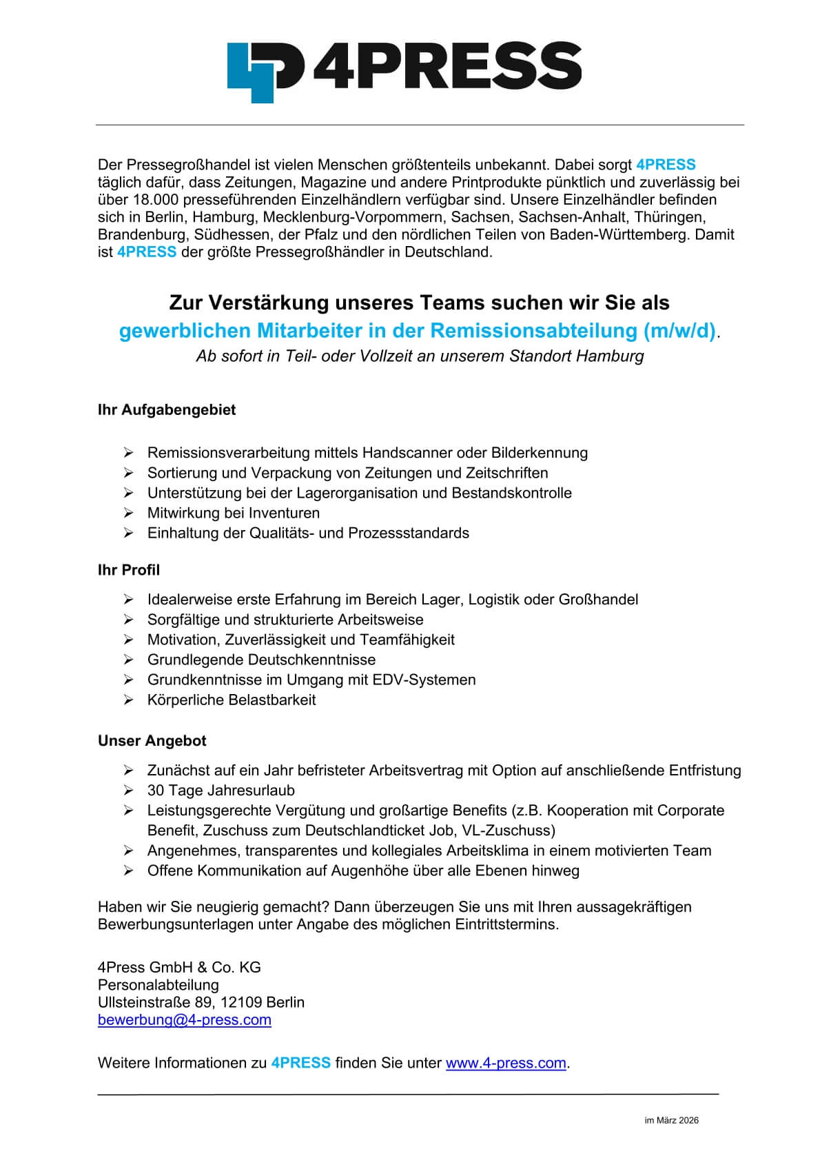 Gewerblicher Bereich / Remission (m/w/d) - Jobs 4PRESS