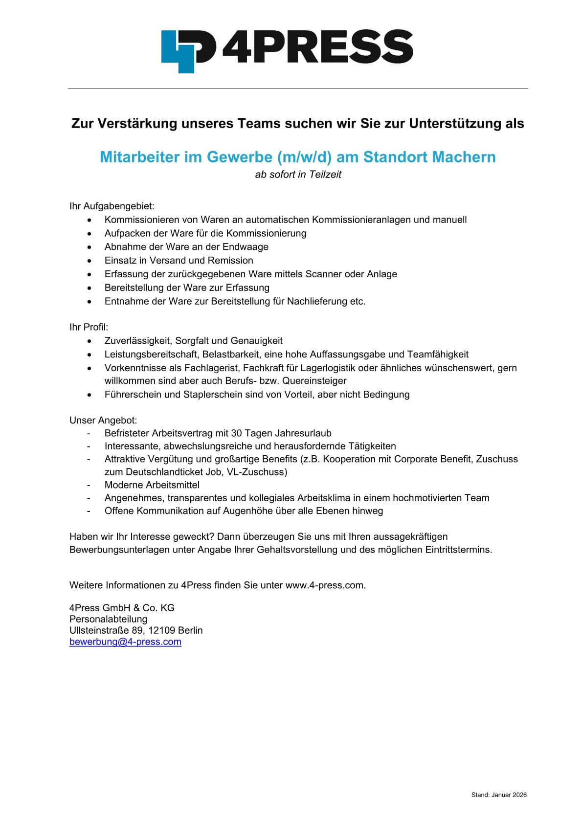 Mitarbeiter Gewerbe (m/w/d) - Jobs 4PRESS