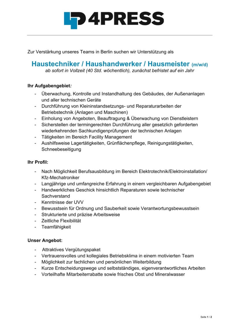 Haustechniker (m/w/d) am Standort Berlin - Jobs 4PRESS