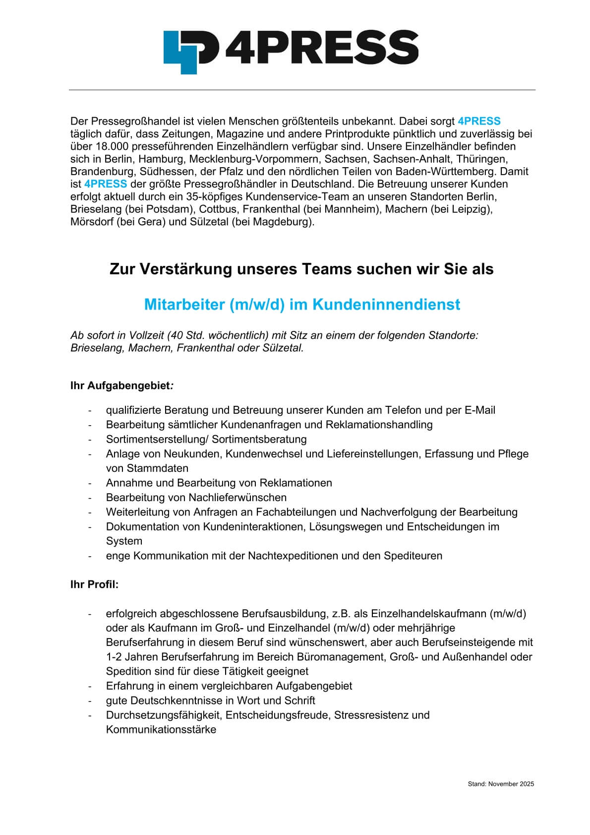 Kundeninnendienst (m/w/d) - Jobs 4PRESS