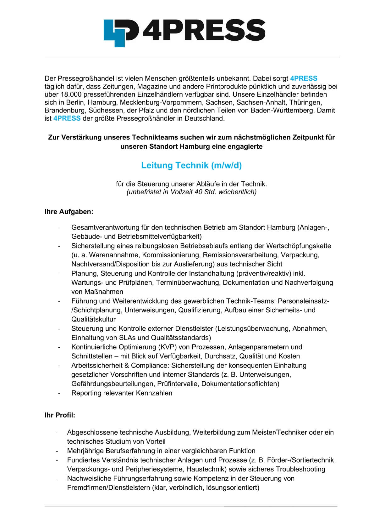 Leitung Technik (m/w/d) - Jobs 4PRESS