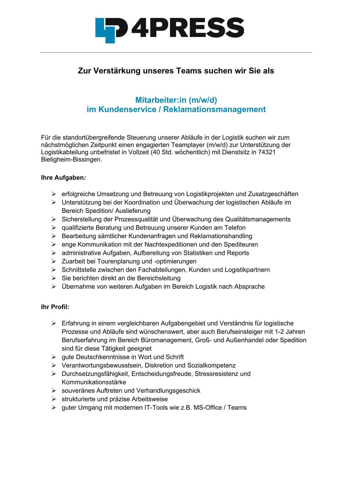 Logistik (m/w/d) - Jobs 4PRESS
