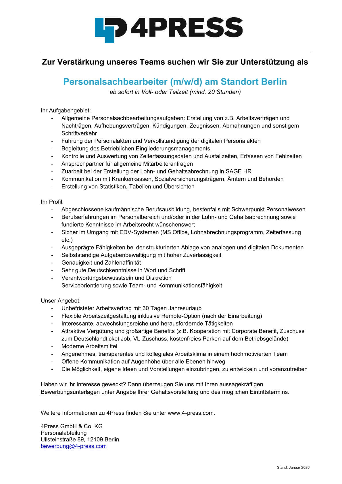 Personalsachbearbeiter (m/w/d) / HR-Manager (m/w/d) Personalreferent (m/w/d) / Mitarbeiter (m/w/d) Lohnbuchhaltung im Personalwesen am Standort Berlin - Jobs 4PRESS