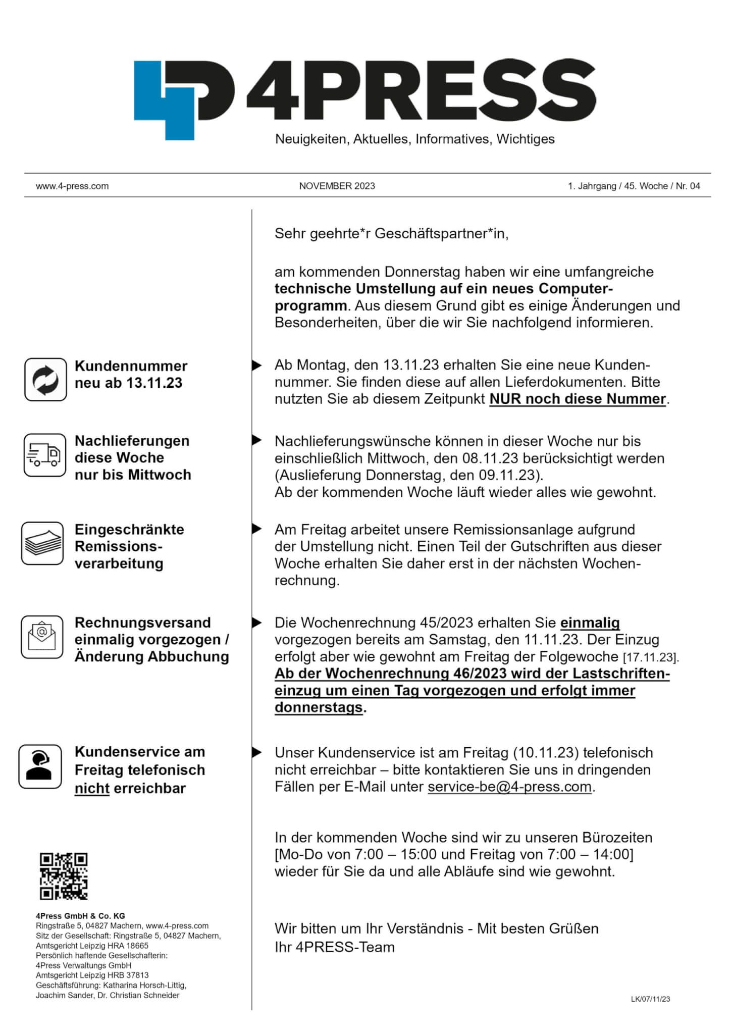 4PRESS INFO - 11/23 - 1. Jahrgang / 45. Woche / Nr. 04